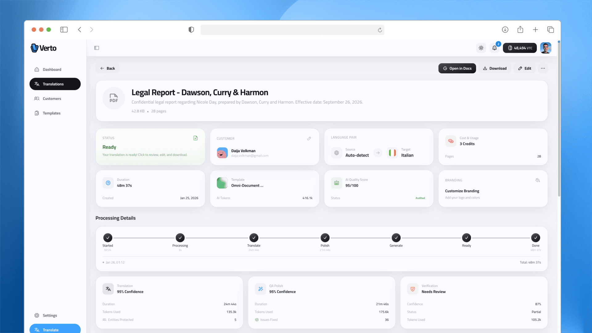 Job Inspector: Detailed metadata, token usage, and quality scores (95/100).